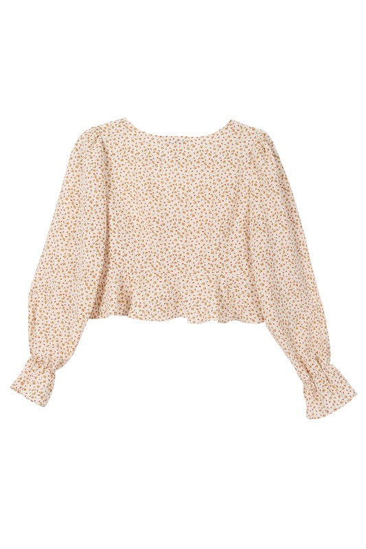 Beige Floral Long Sleeve Frill Blouse