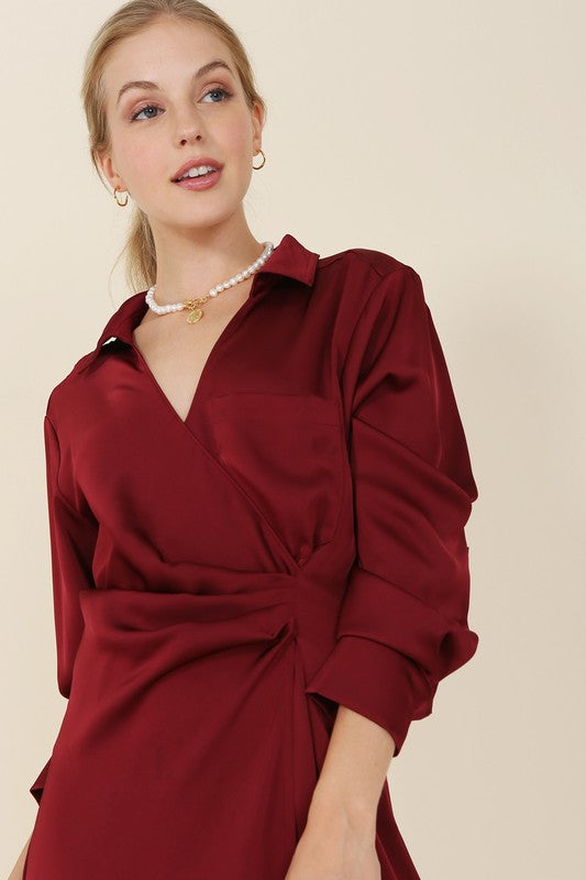 Wine Satin Wrap Mini Dress