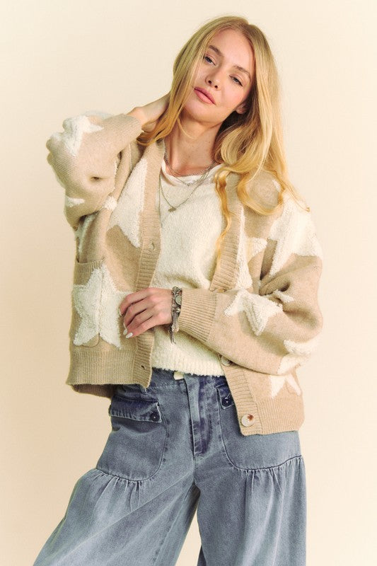 Oatmeal Star Fuzzy Knit Cardigan