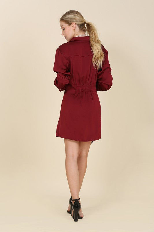 Wine Satin Wrap Mini Dress