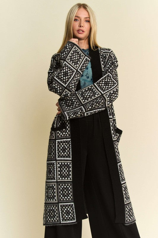 Black/White Crochet Long Knit Cardigan 