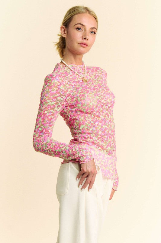 Pink Mesh Floral Long Sleeve Top