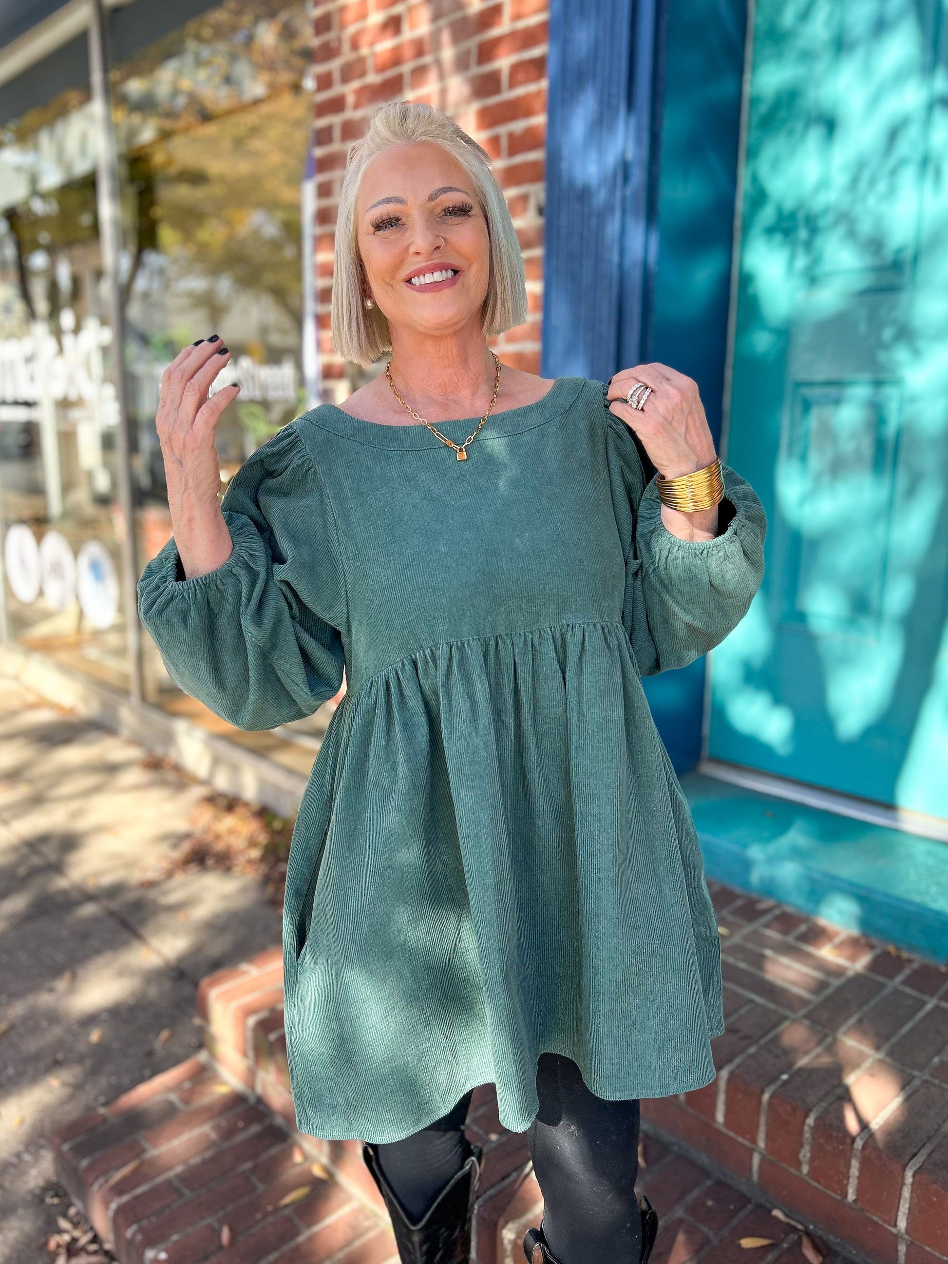 Sage Corduroy Babydoll Dress